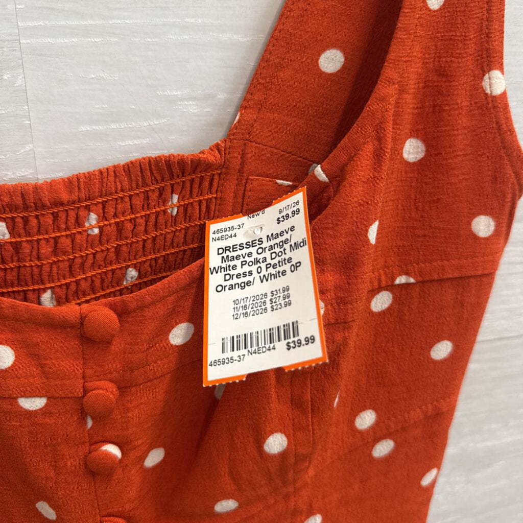 Maeve Orange/ White Polka Dot Midi Dress 0 Petite