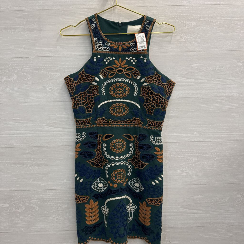 JOA Green/ Multi Embroidered Sleeveless Mini Dress Medium