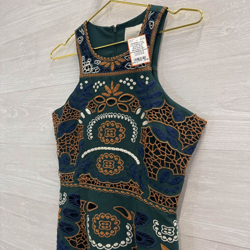 JOA Green/ Multi Embroidered Sleeveless Mini Dress Medium