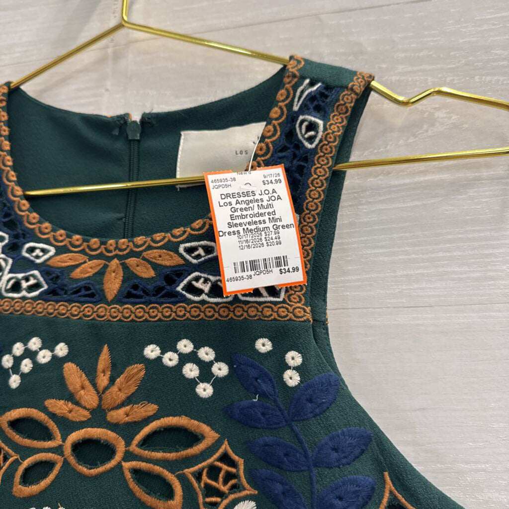 JOA Green/ Multi Embroidered Sleeveless Mini Dress Medium