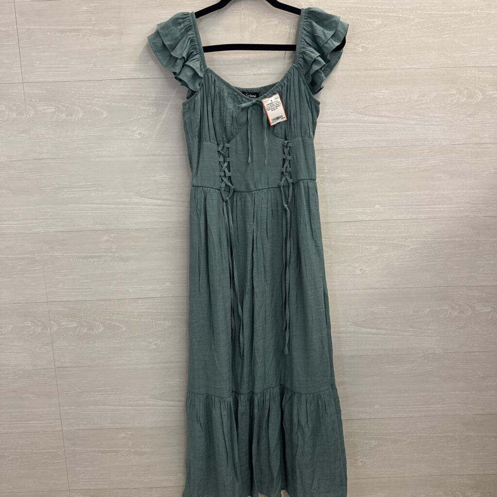 Trixxi Green Corset Detail Ruffle Sleeve Midi Dress Medium