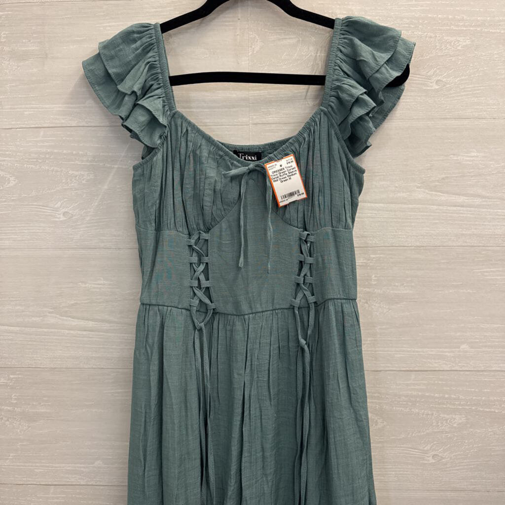 Trixxi Green Corset Detail Ruffle Sleeve Midi Dress Medium