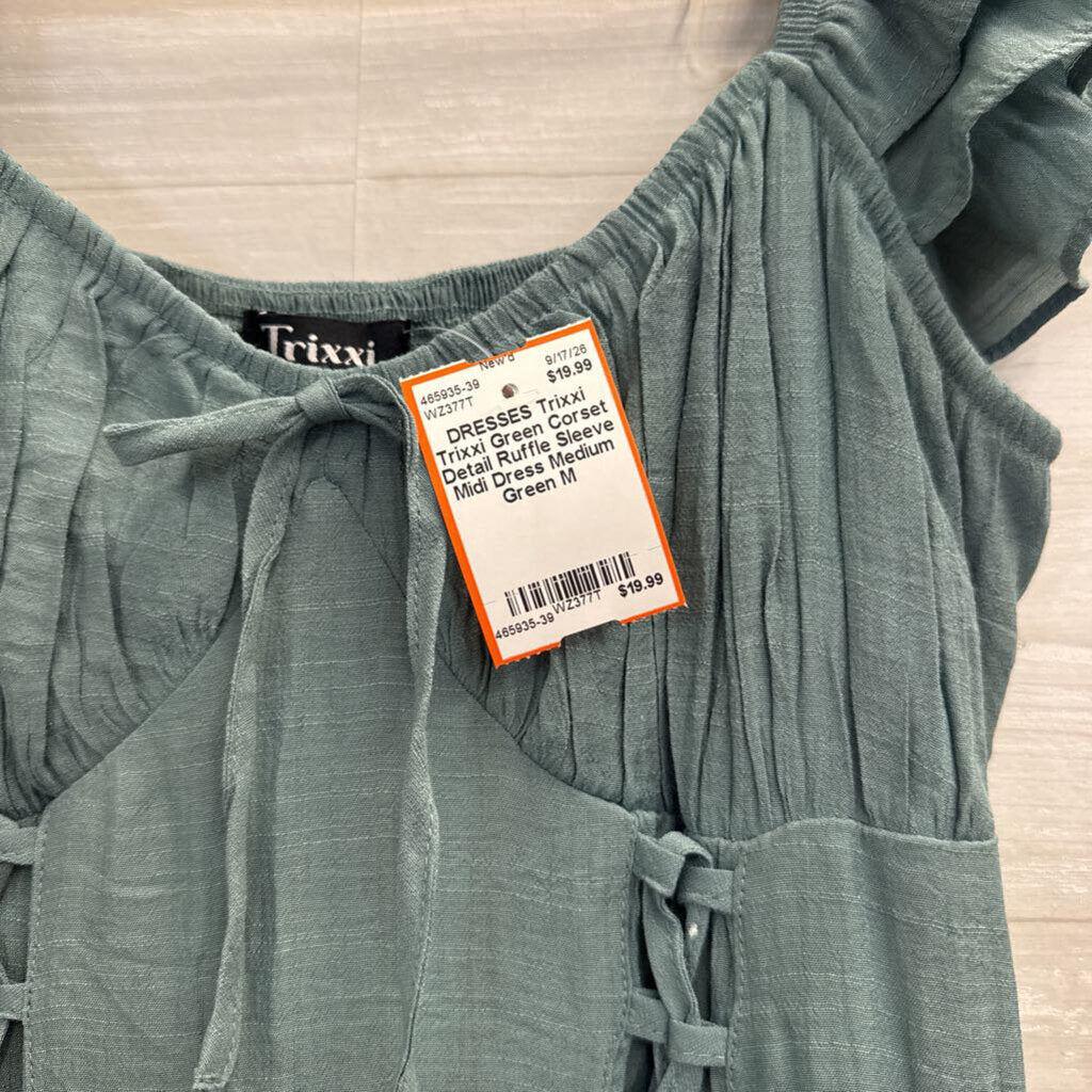 Trixxi Green Corset Detail Ruffle Sleeve Midi Dress Medium