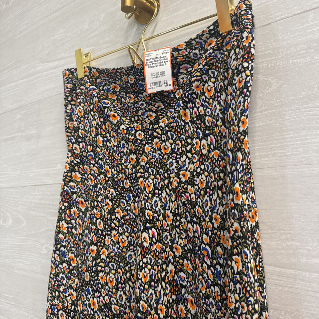 Boden Black/ Multi Floral Print Midi Skirt 8