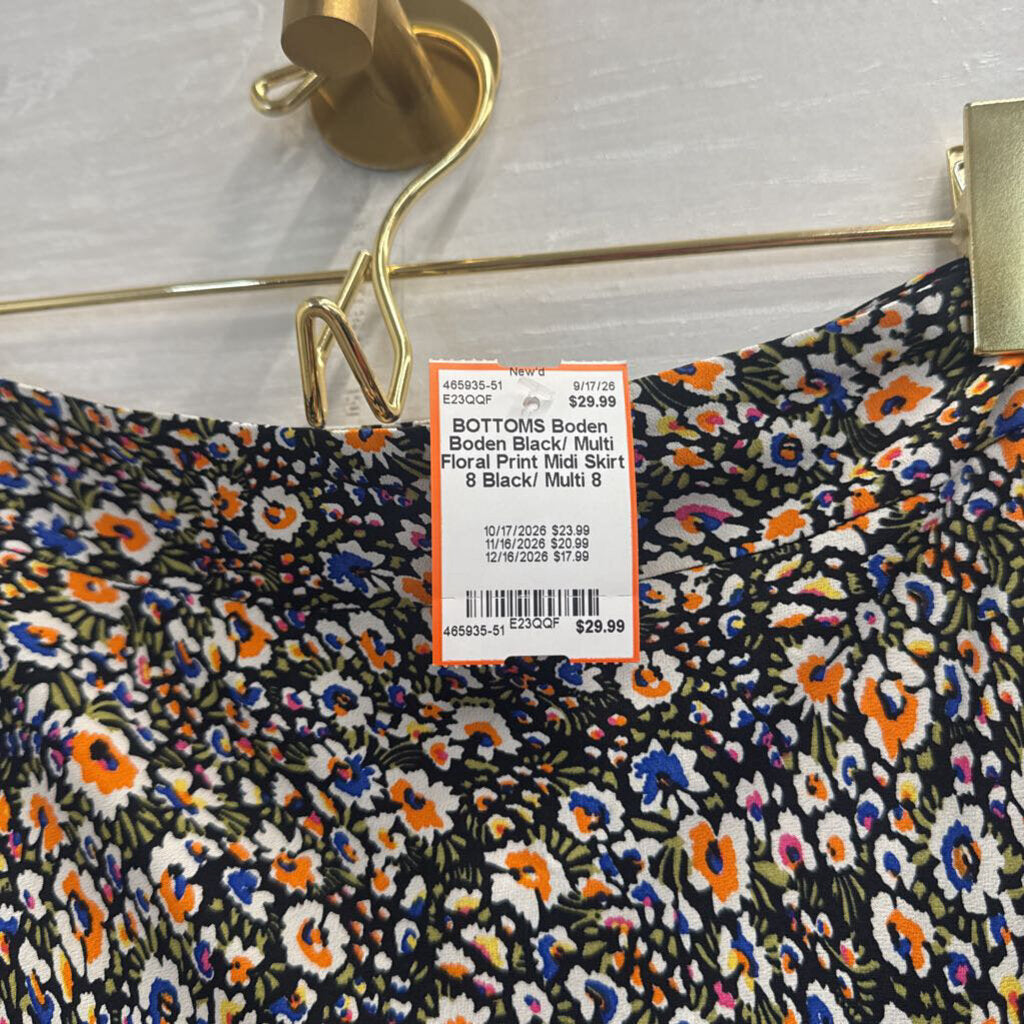 Boden Black/ Multi Floral Print Midi Skirt 8