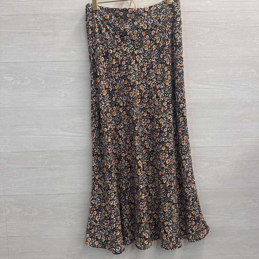 Boden Black/ Multi Floral Print Midi Skirt 8