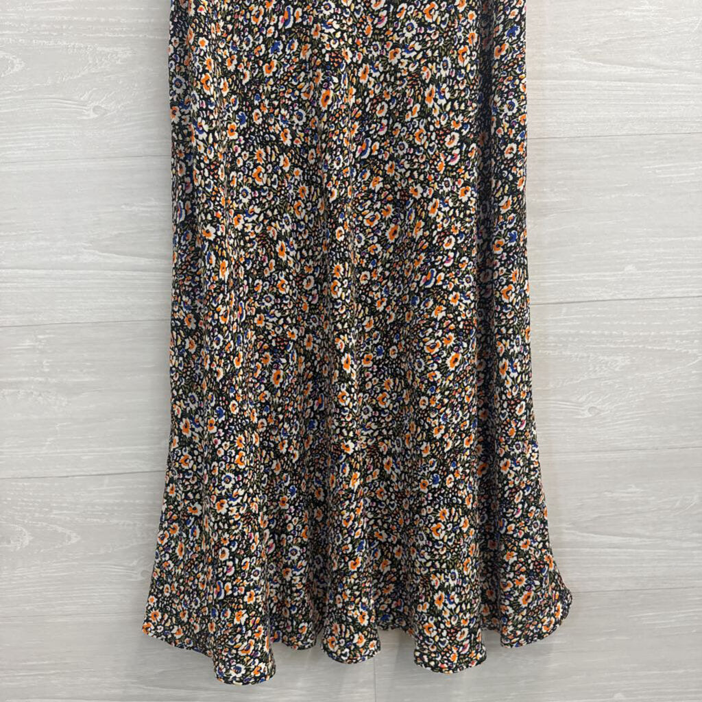 Boden Black/ Multi Floral Print Midi Skirt 8