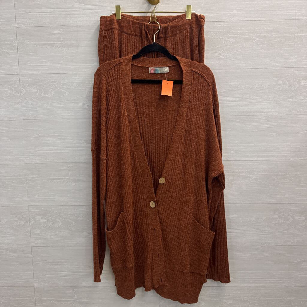 FP Beach Brown Ribbed Knit Cardigan Sweater/ Pants Set Large