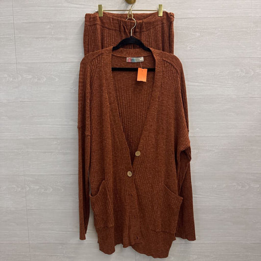 FP Beach Brown Ribbed Knit Cardigan Sweater/ Pants Set Large