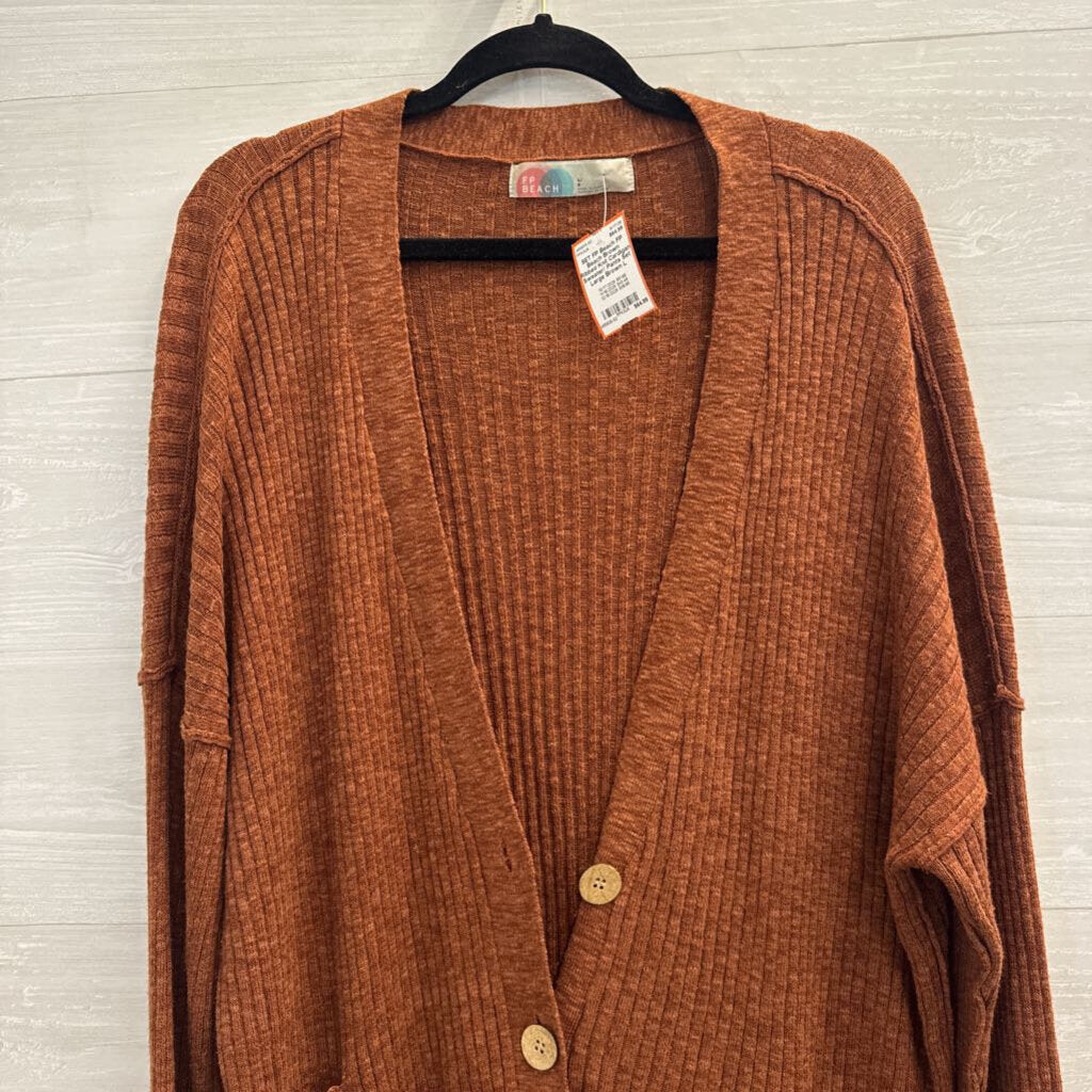 FP Beach Brown Ribbed Knit Cardigan Sweater/ Pants Set Large