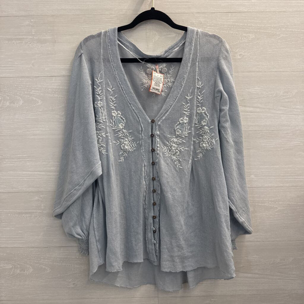 Free People Blue/ White Embroidered Knit Long Sleeve Top Extra Small