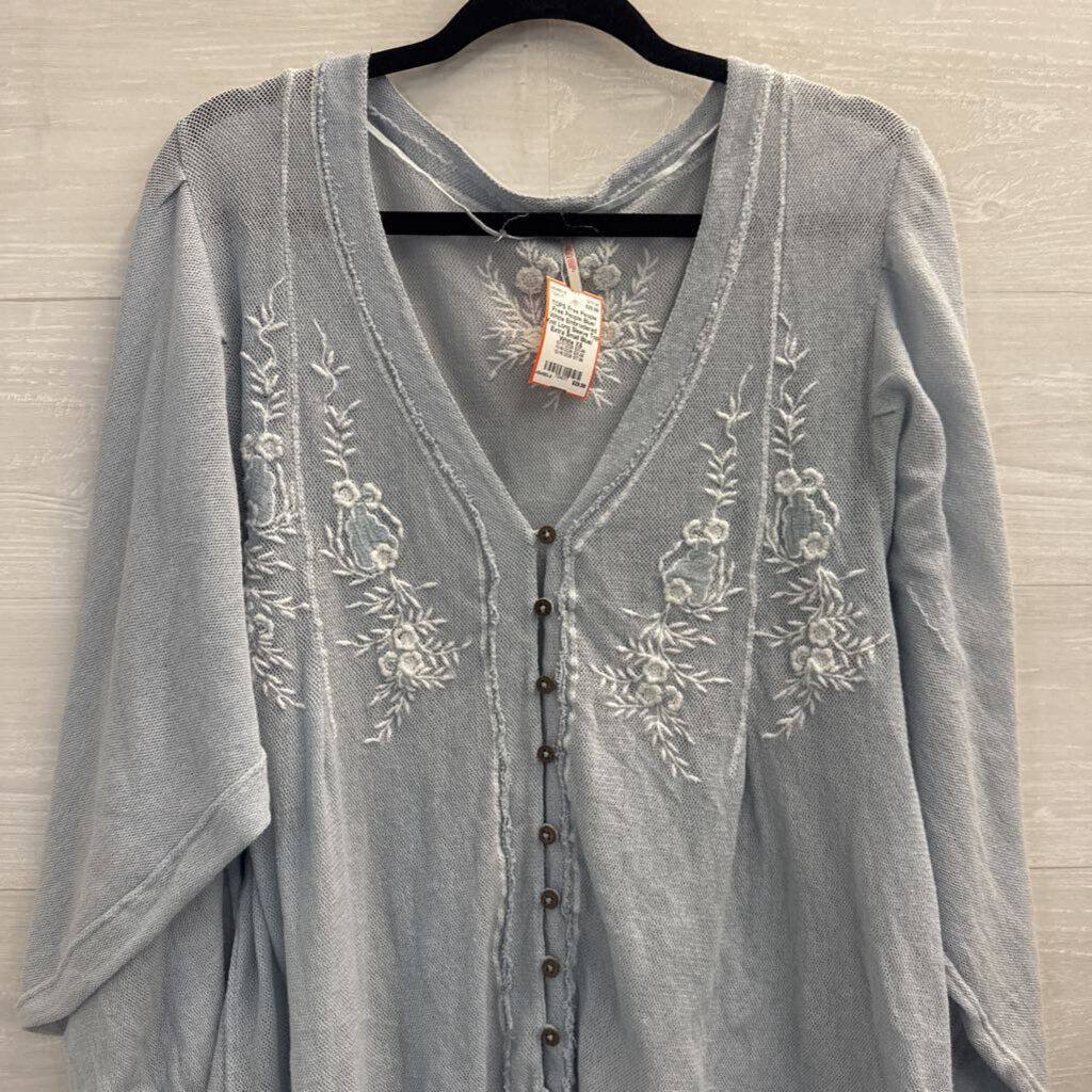 Free People Blue/ White Embroidered Knit Long Sleeve Top Extra Small