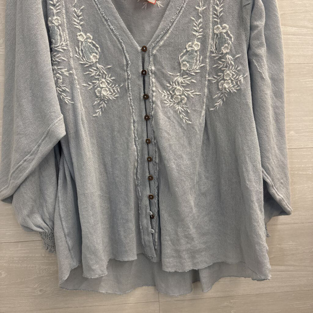 Free People Blue/ White Embroidered Knit Long Sleeve Top Extra Small