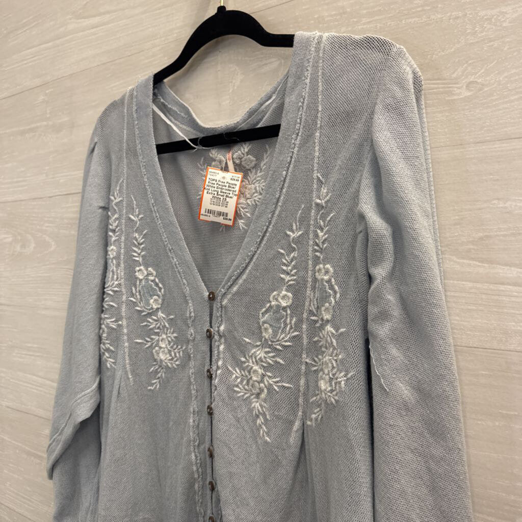Free People Blue/ White Embroidered Knit Long Sleeve Top Extra Small