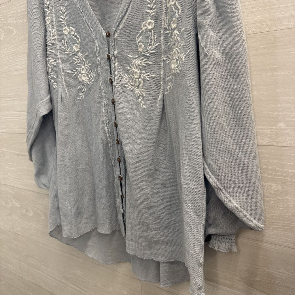 Free People Blue/ White Embroidered Knit Long Sleeve Top Extra Small