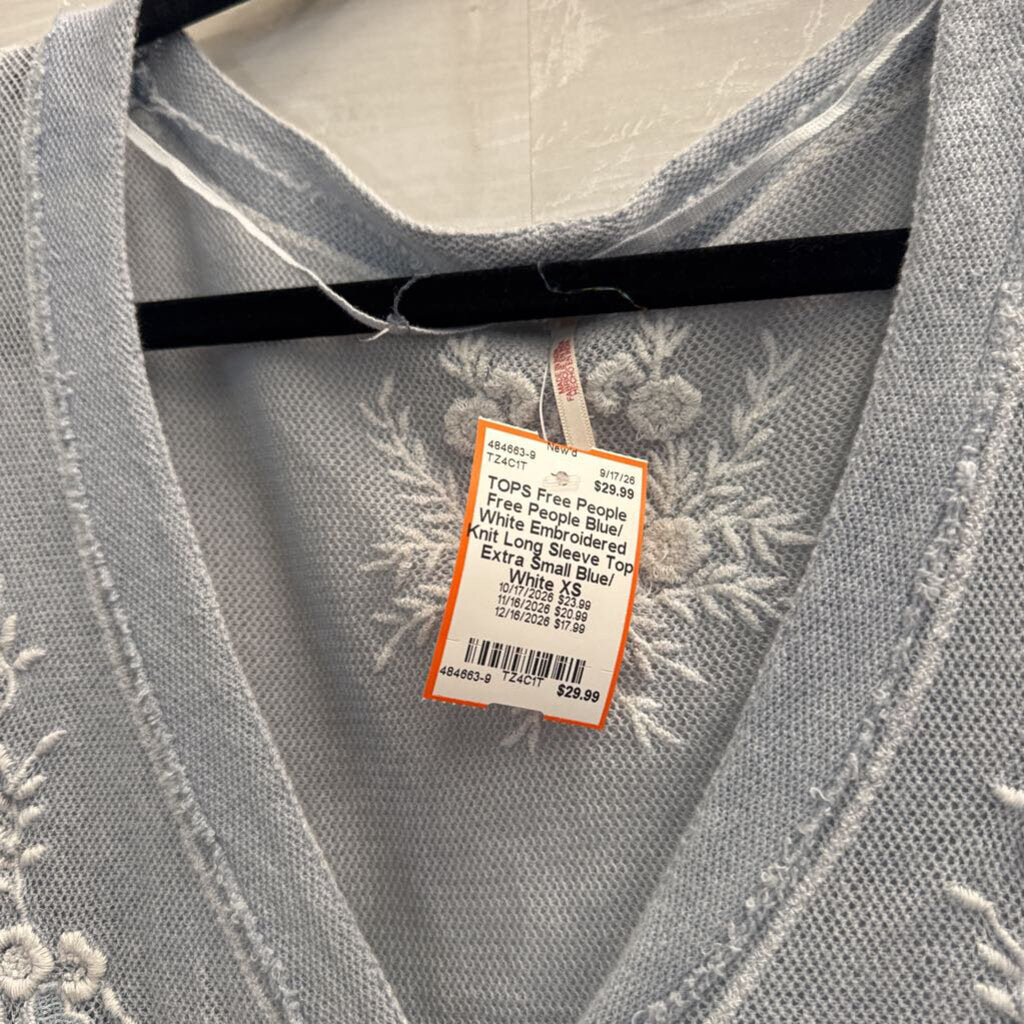 Free People Blue/ White Embroidered Knit Long Sleeve Top Extra Small