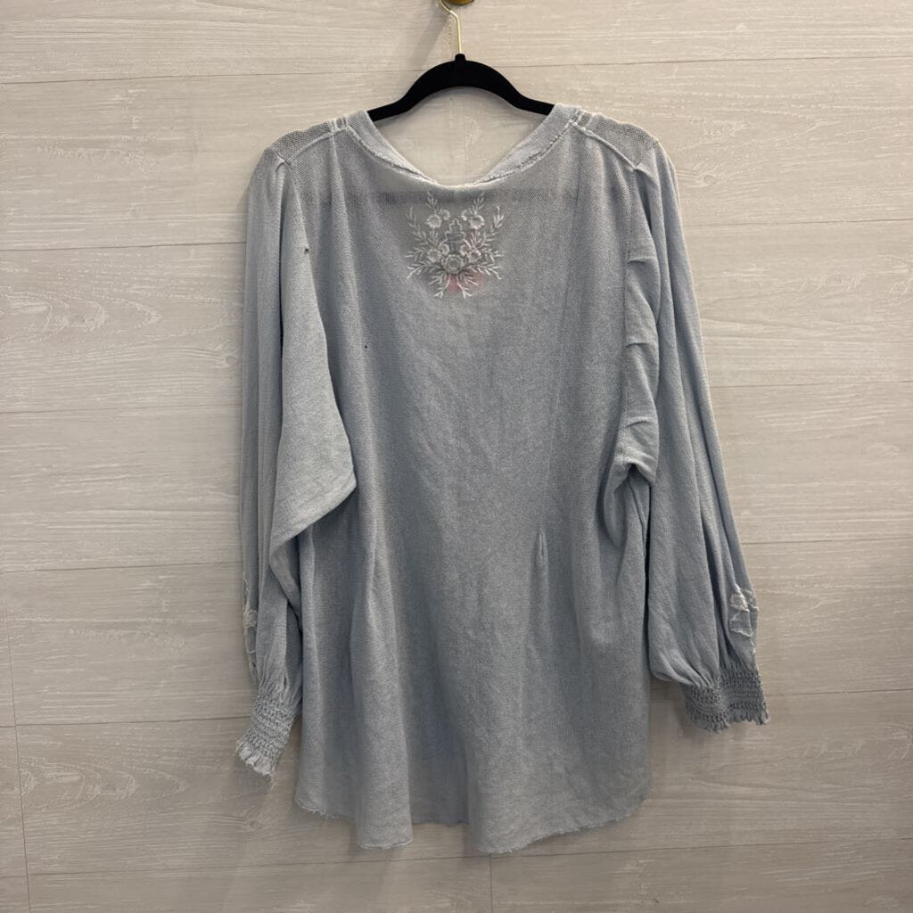 Free People Blue/ White Embroidered Knit Long Sleeve Top Extra Small