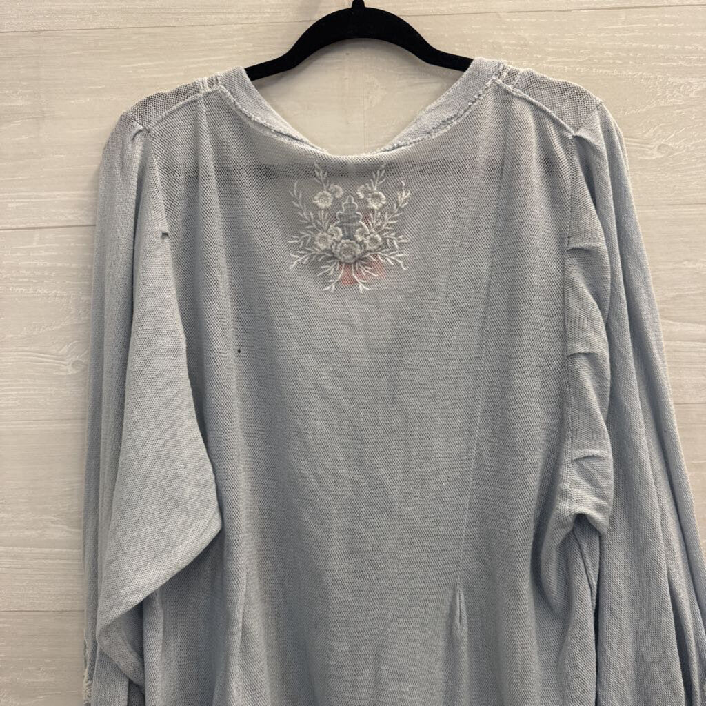 Free People Blue/ White Embroidered Knit Long Sleeve Top Extra Small