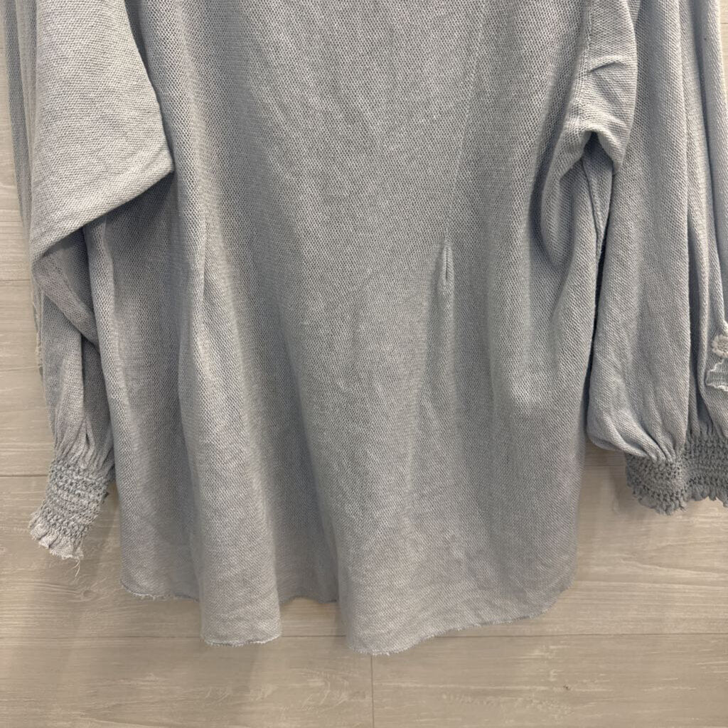 Free People Blue/ White Embroidered Knit Long Sleeve Top Extra Small