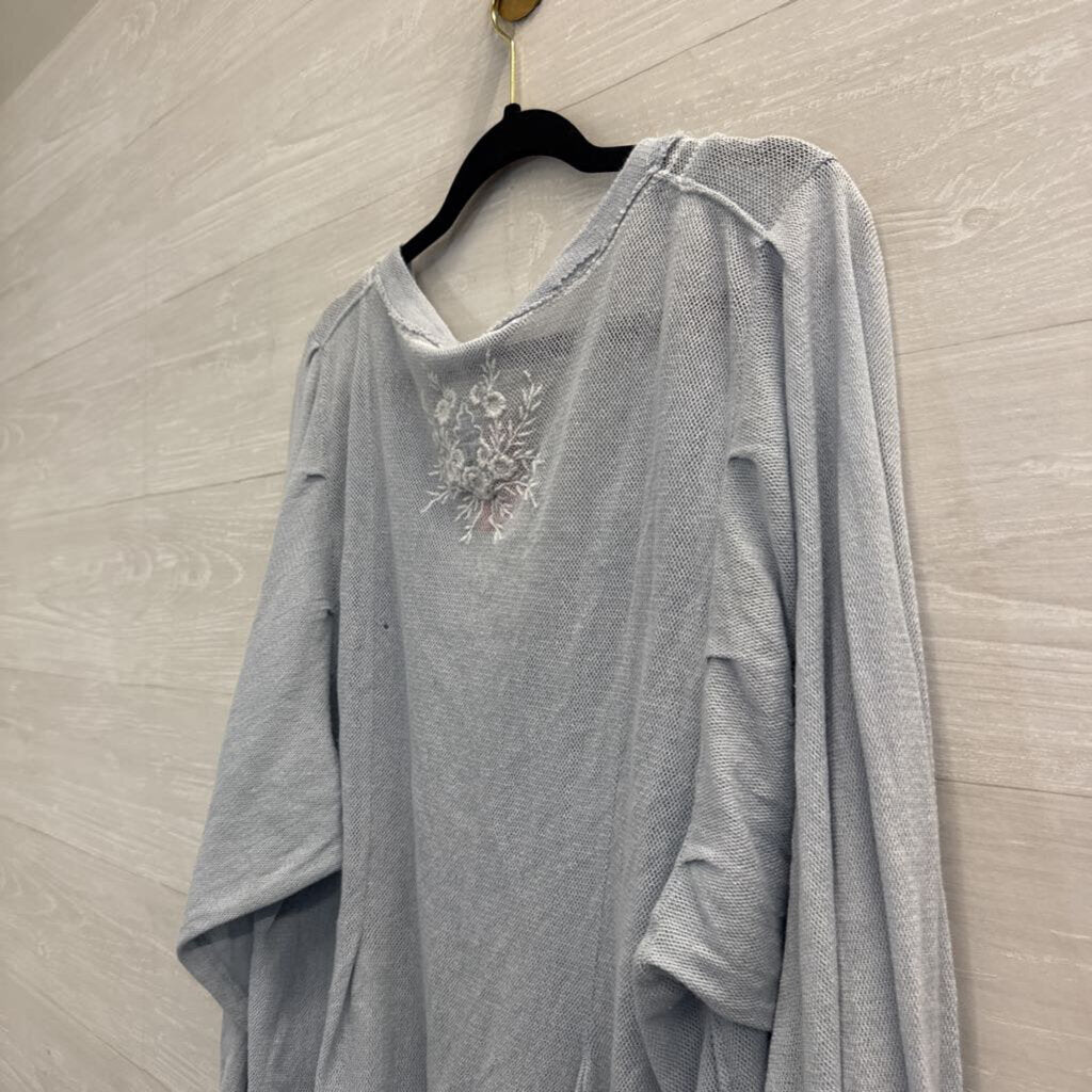 Free People Blue/ White Embroidered Knit Long Sleeve Top Extra Small