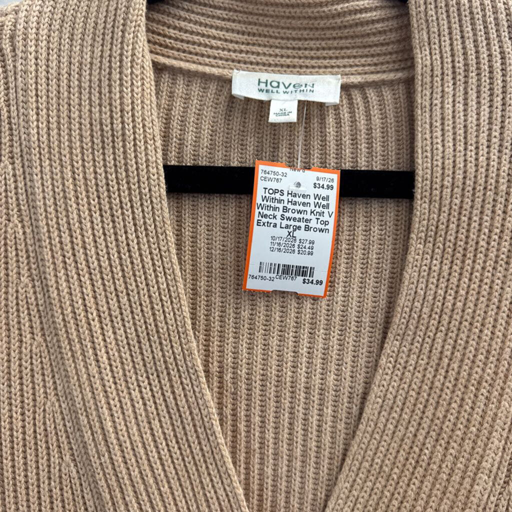 Haven Well Within Brown Knit V Neck Sweater Top Extra Large
