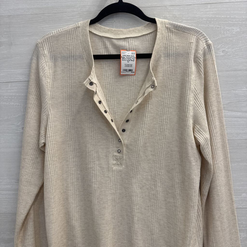 Aerie Beige Textured Long Sleeve Henley Top Extra Large