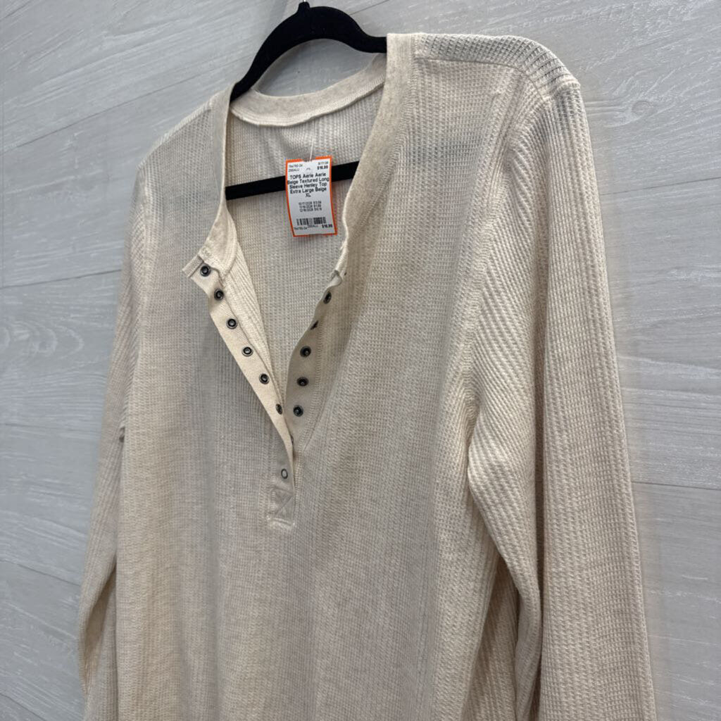 Aerie Beige Textured Long Sleeve Henley Top Extra Large