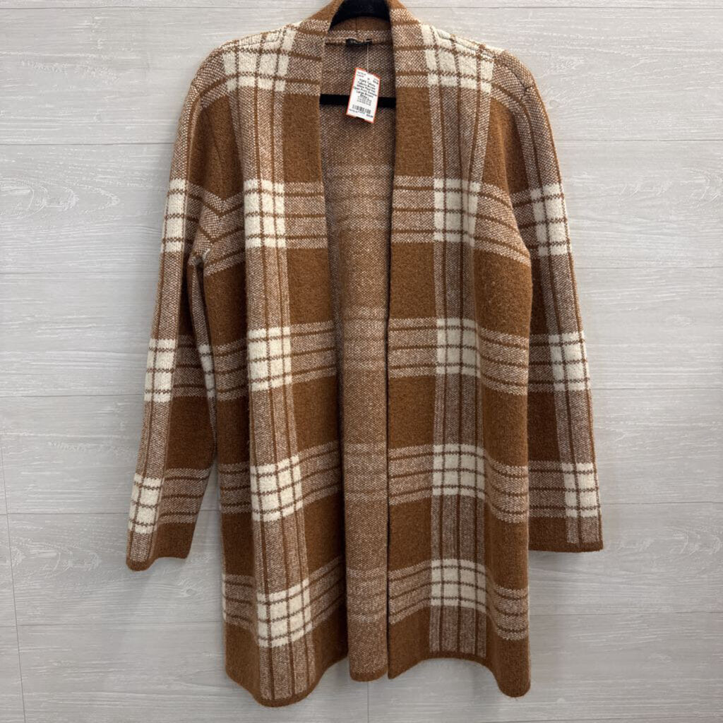 Talbots Brown/ White Plaid Knit Open Front Sweater Large