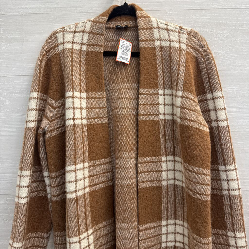 Talbots Brown/ White Plaid Knit Open Front Sweater Large