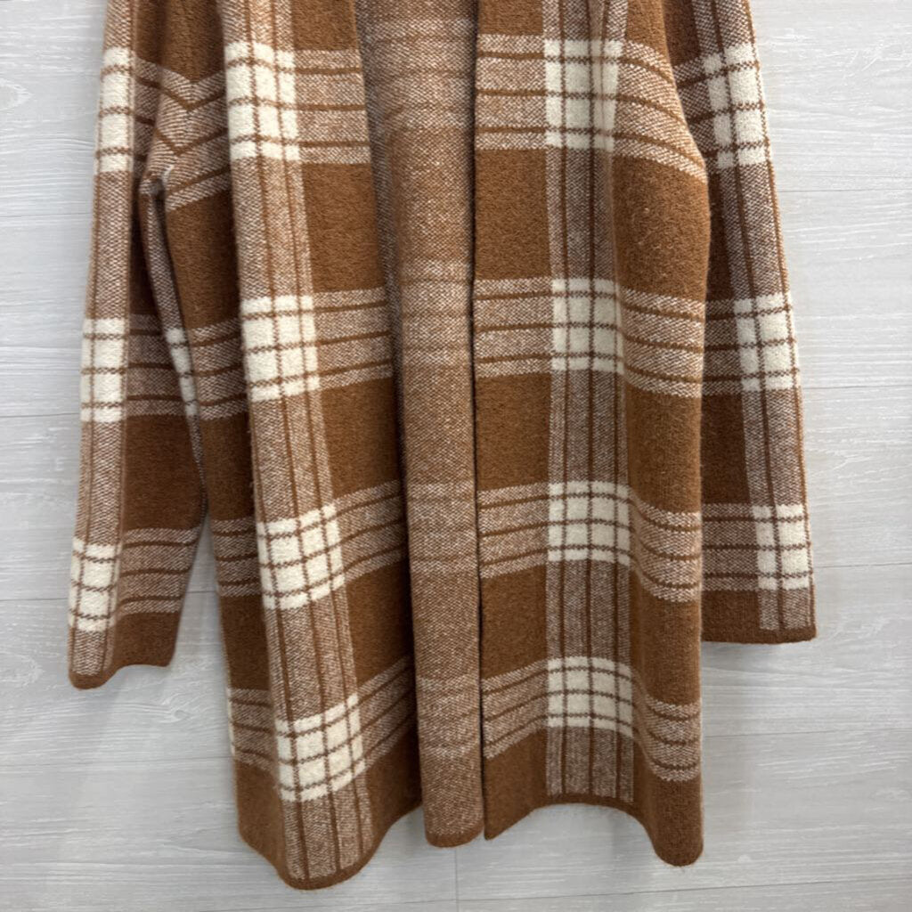Talbots Brown/ White Plaid Knit Open Front Sweater Large