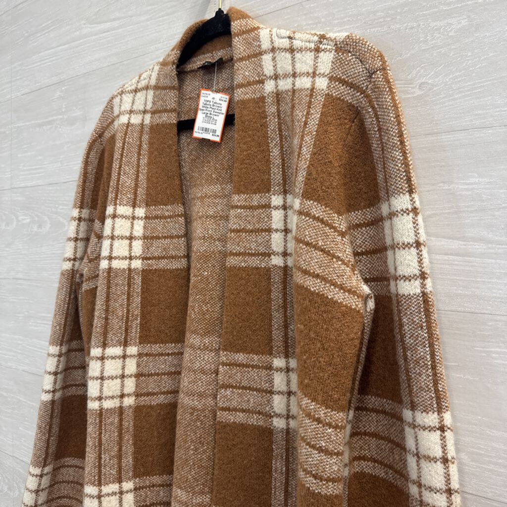Talbots Brown/ White Plaid Knit Open Front Sweater Large