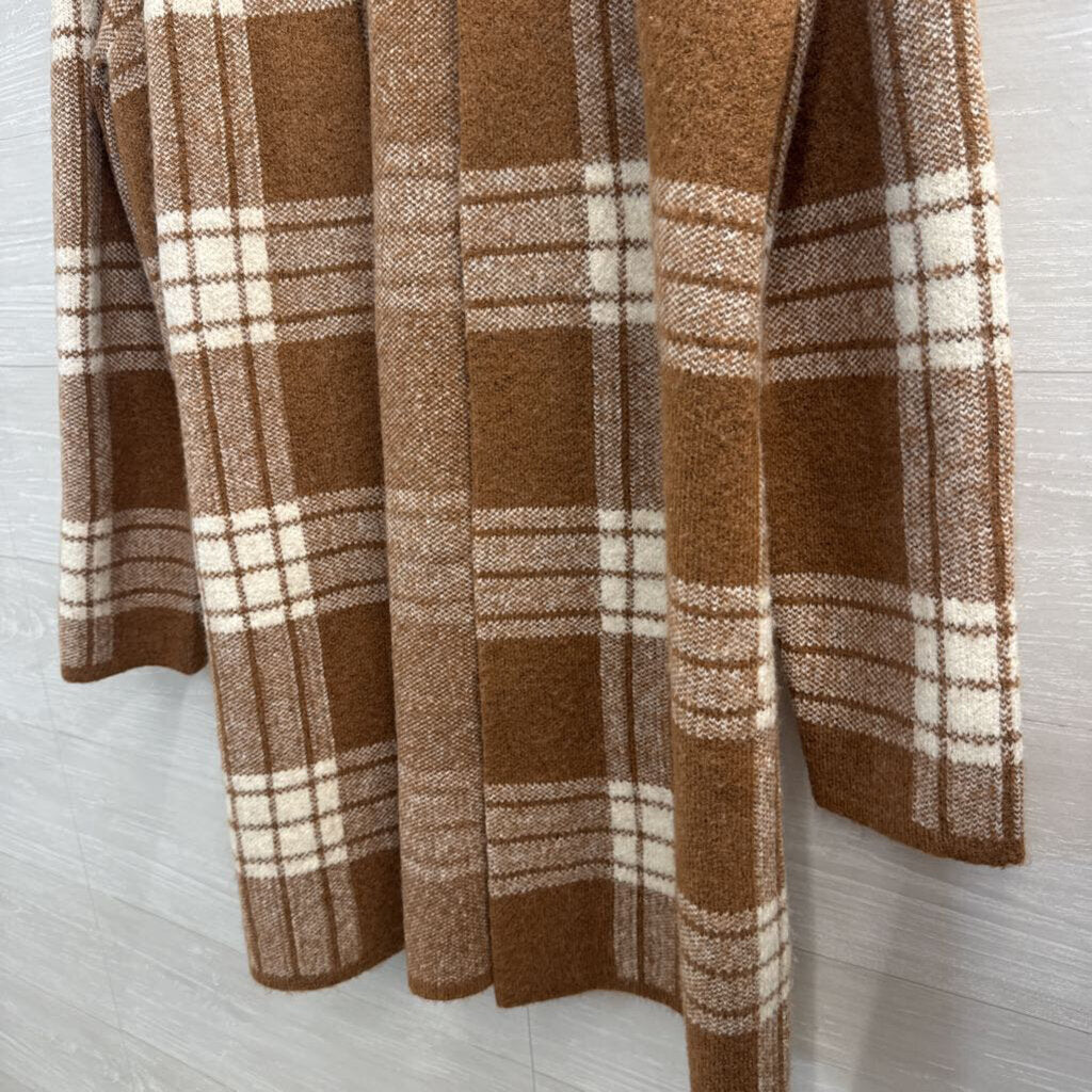 Talbots Brown/ White Plaid Knit Open Front Sweater Large