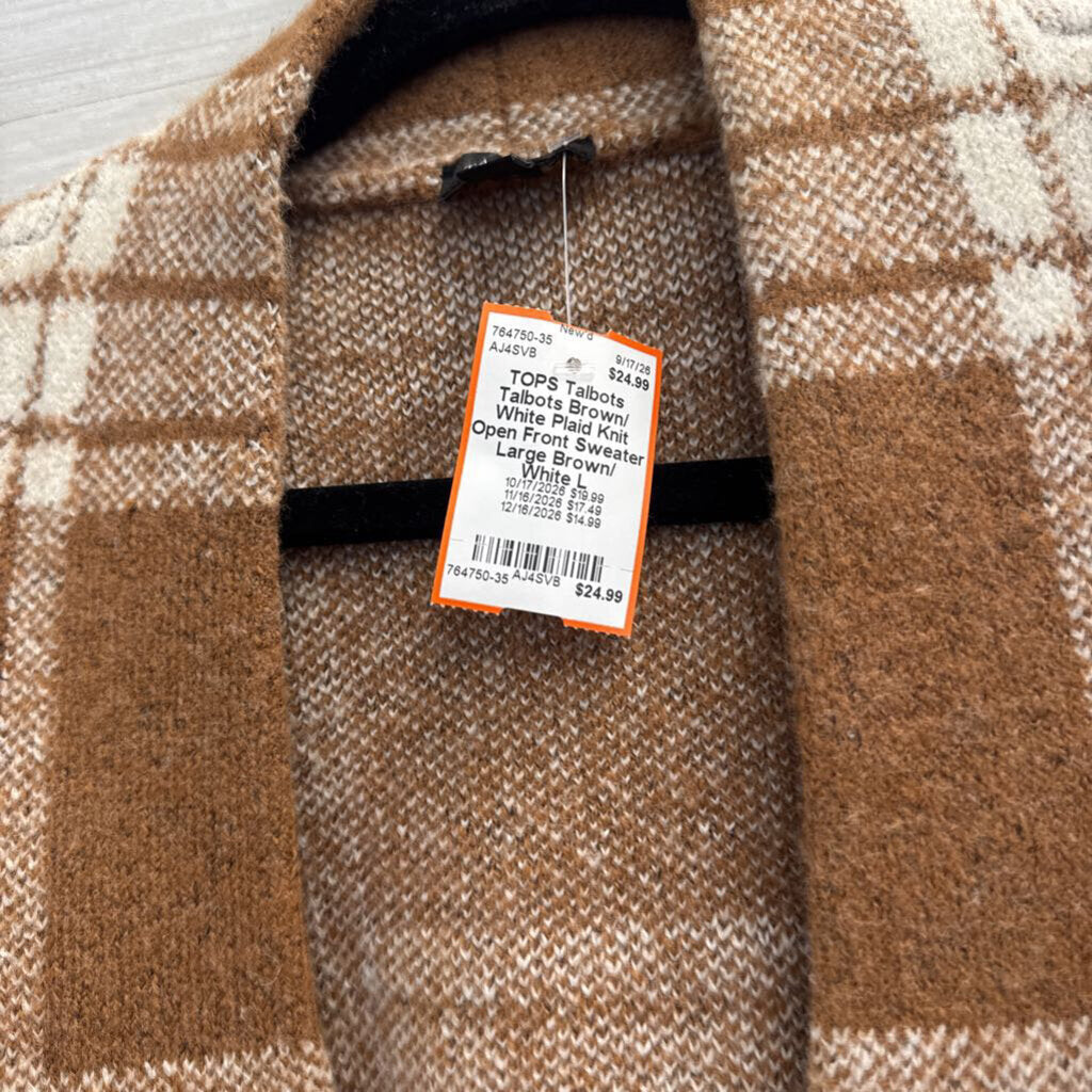 Talbots Brown/ White Plaid Knit Open Front Sweater Large