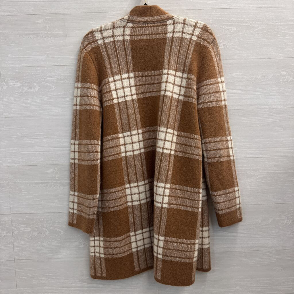 Talbots Brown/ White Plaid Knit Open Front Sweater Large