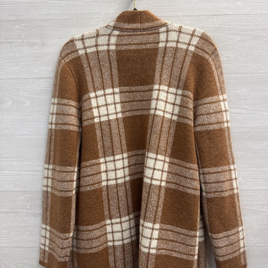 Talbots Brown/ White Plaid Knit Open Front Sweater Large