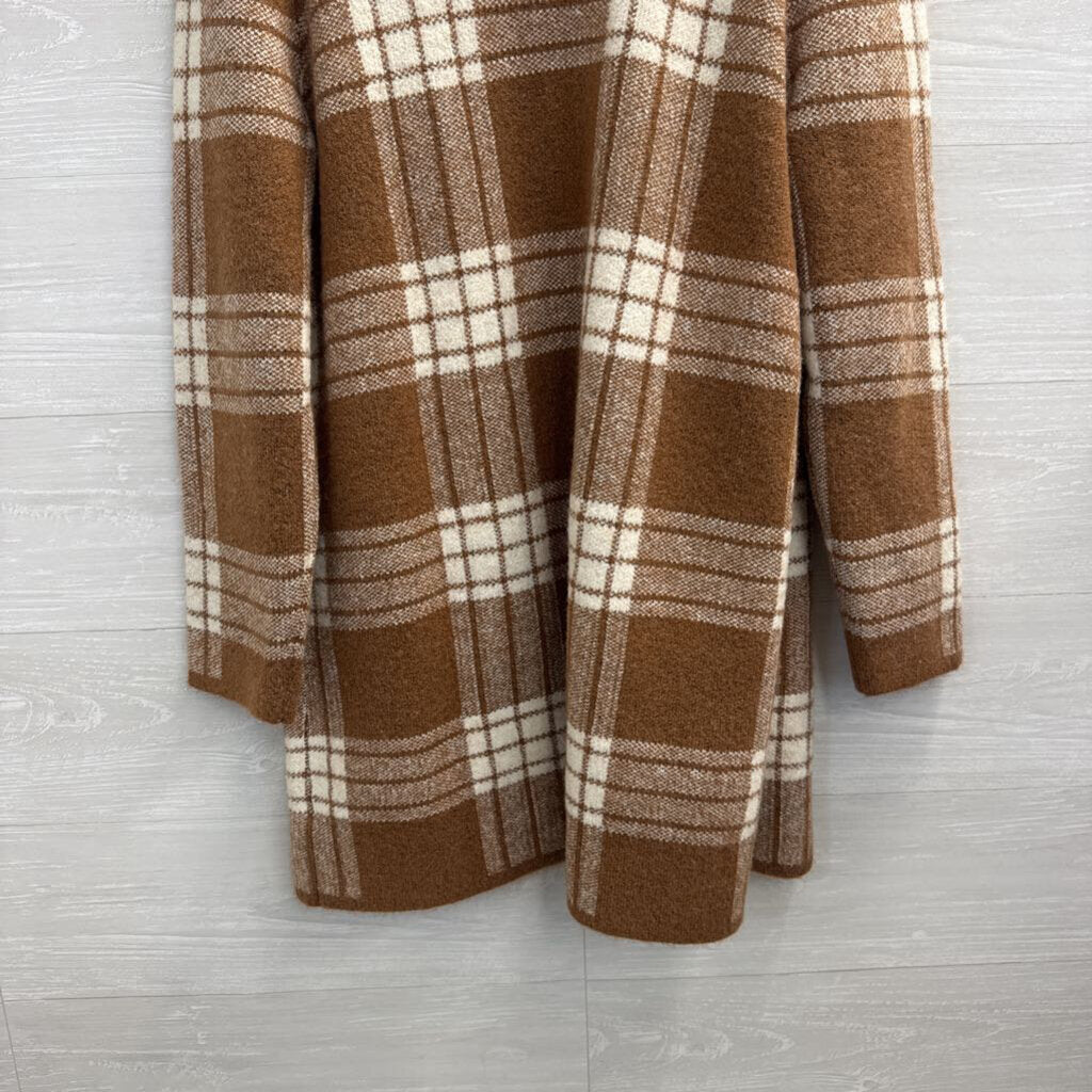 Talbots Brown/ White Plaid Knit Open Front Sweater Large