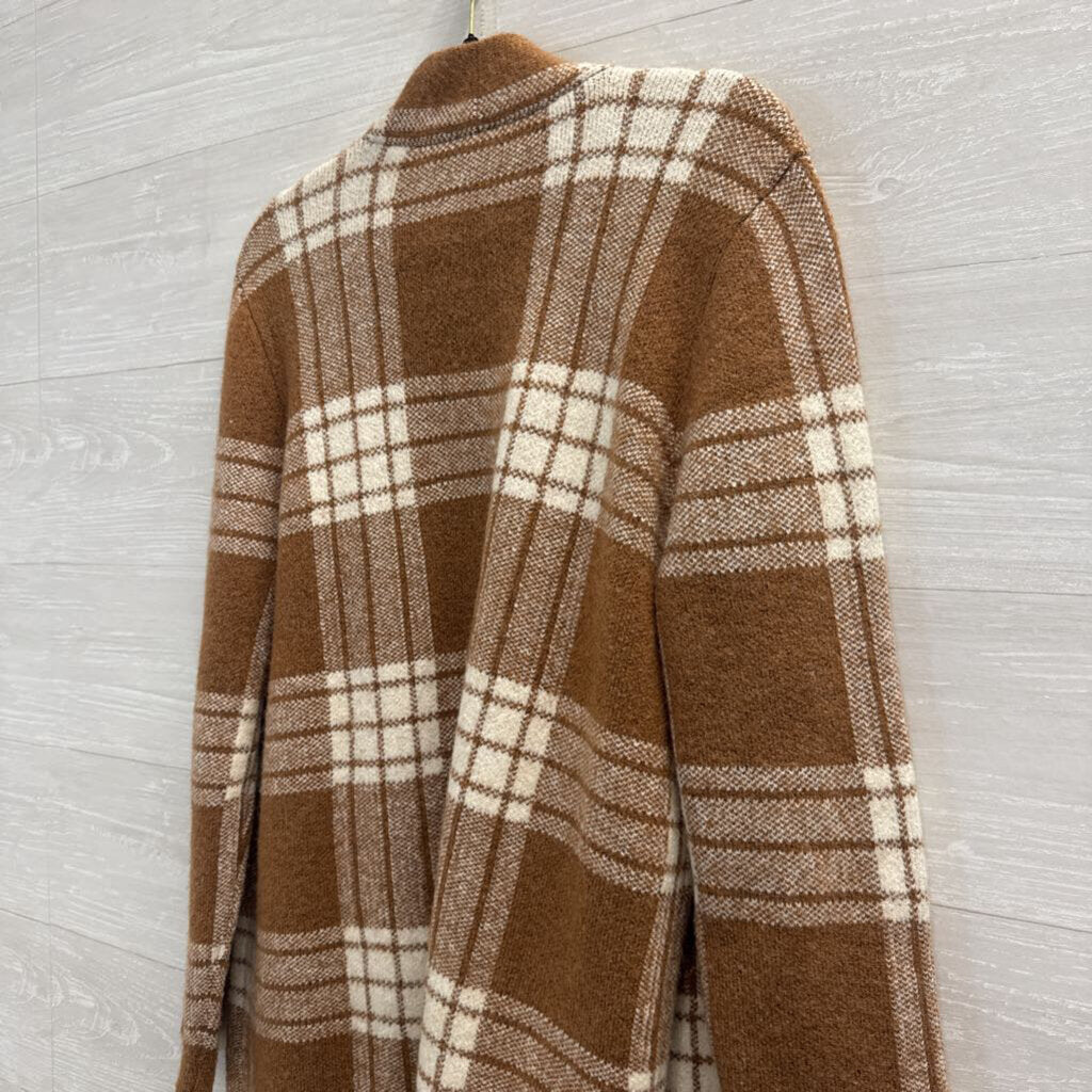 Talbots Brown/ White Plaid Knit Open Front Sweater Large