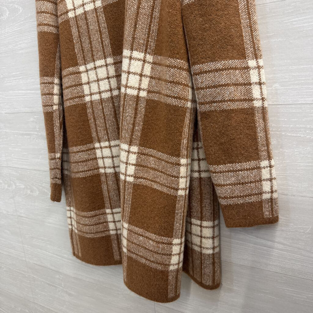 Talbots Brown/ White Plaid Knit Open Front Sweater Large