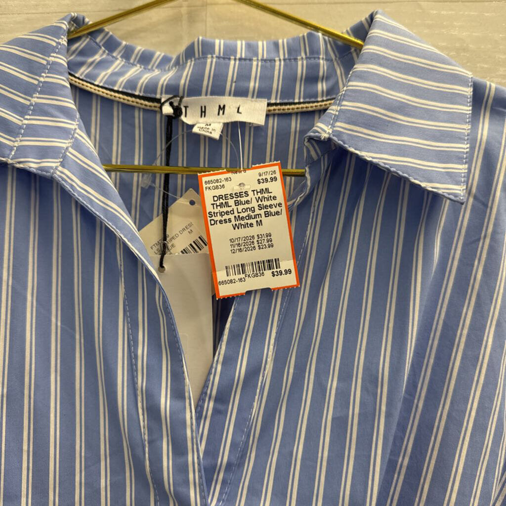 THML Blue/ White Striped Long Sleeve Dress Medium