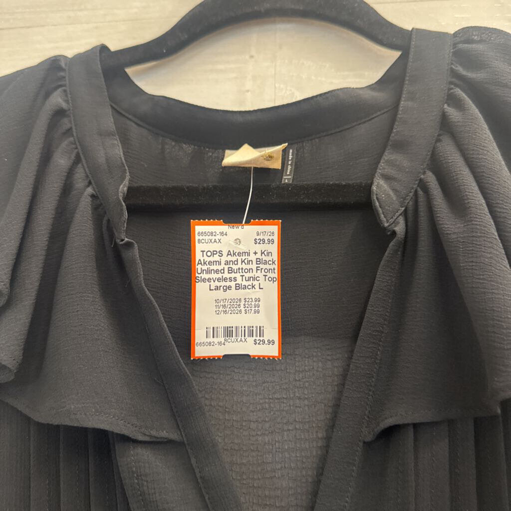 Akemi and Kin Black Unlined Button Front Sleeveless Tunic Top Large