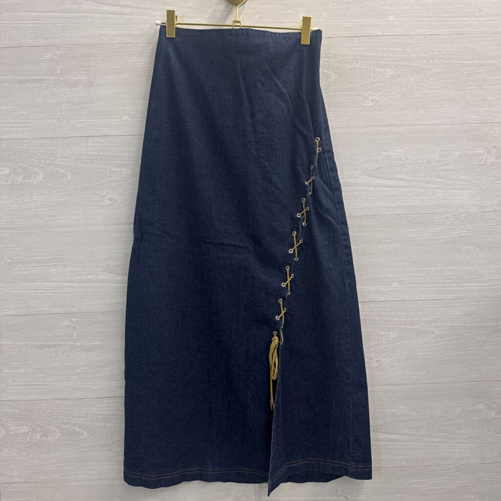 Vintage GDS Goddess Dark Wash Lace Up Detail Midi Skirt Medium