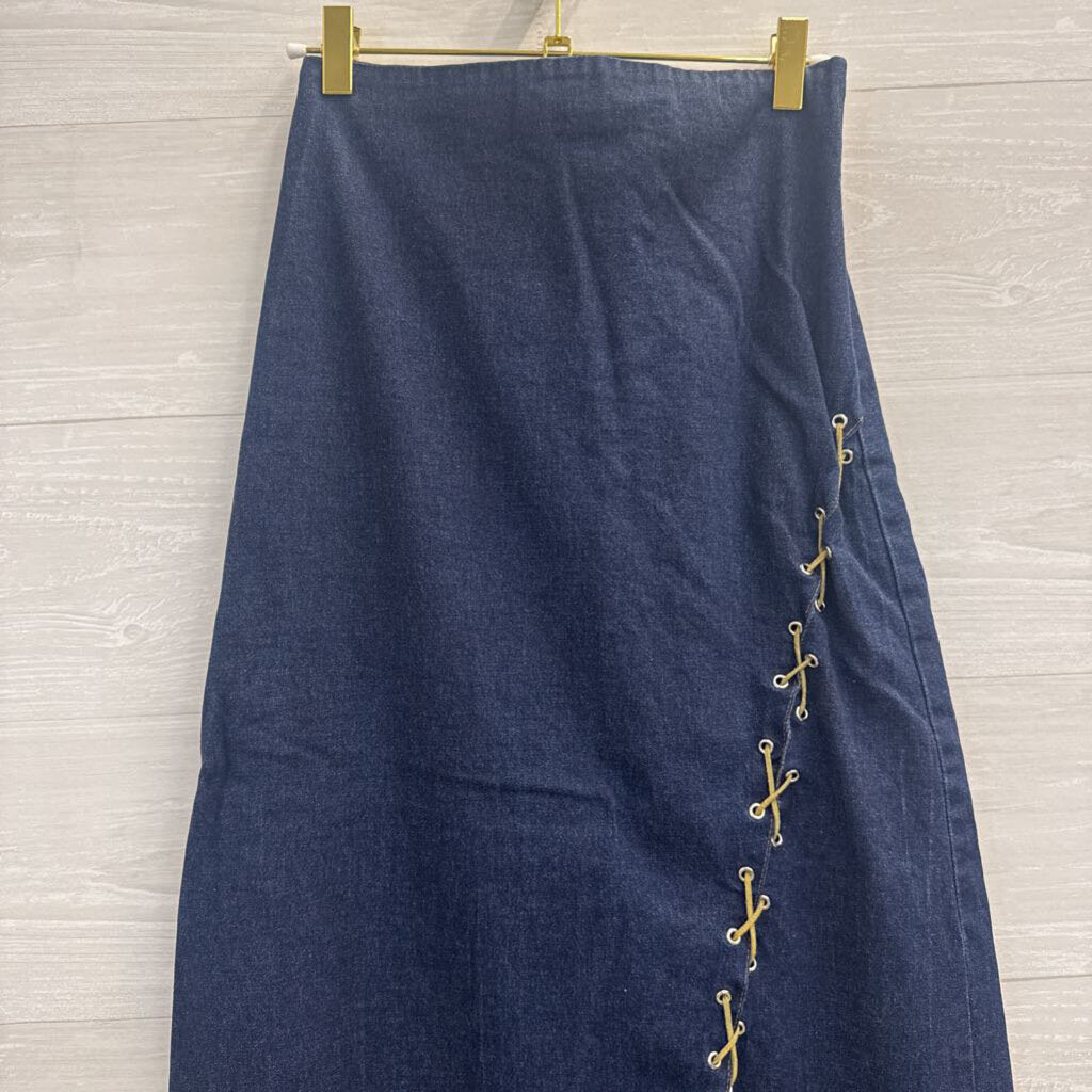 Vintage GDS Goddess Dark Wash Lace Up Detail Midi Skirt Medium