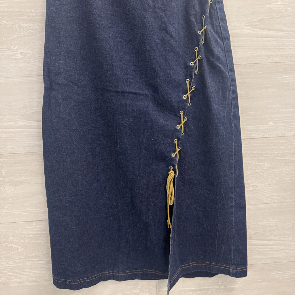 Vintage GDS Goddess Dark Wash Lace Up Detail Midi Skirt Medium