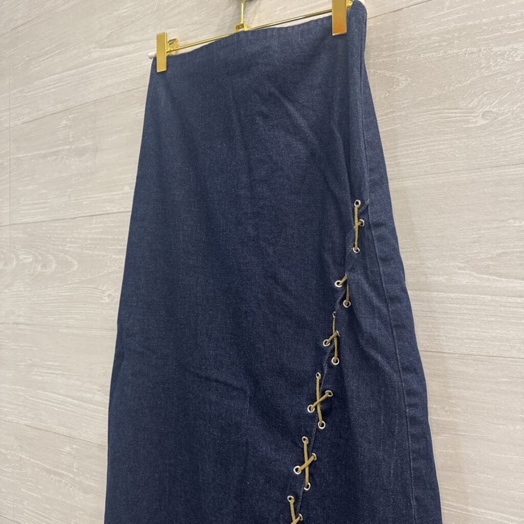Vintage GDS Goddess Dark Wash Lace Up Detail Midi Skirt Medium
