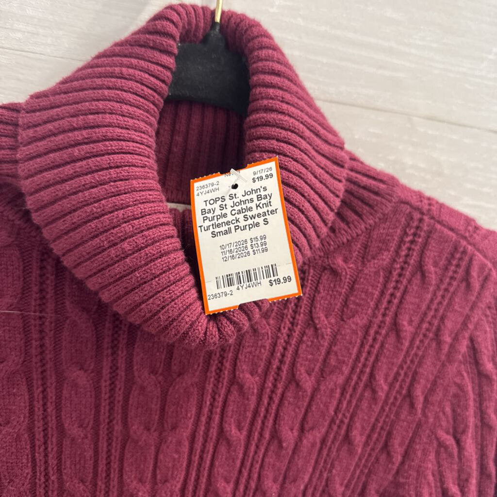 St Johns Bay Purple Cable Knit Turtleneck Sweater Small