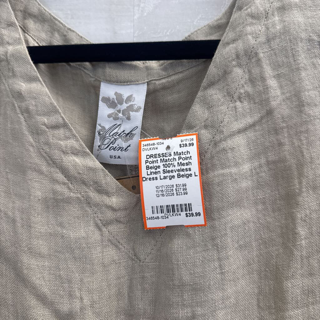 Match Point Beige 100% Mesh Linen Sleeveless Dress Large