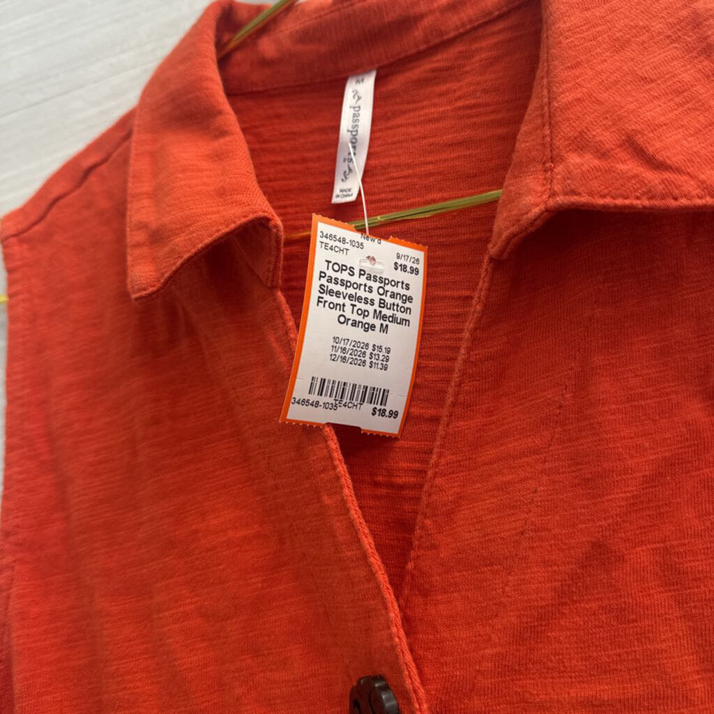 Passports Orange Sleeveless Button Front Top Medium