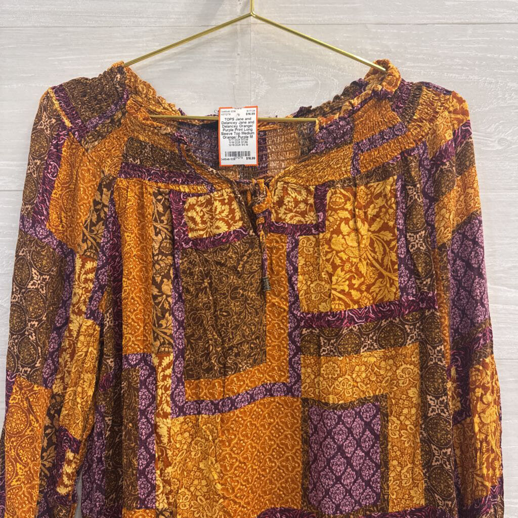 Jane and Delancey Orange/ Purple Print Long Sleeve Top Medium