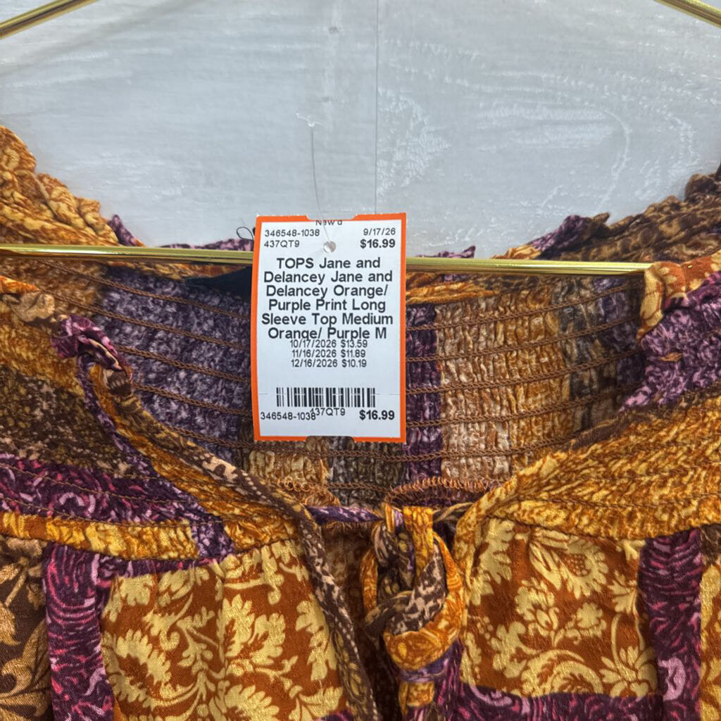 Jane and Delancey Orange/ Purple Print Long Sleeve Top Medium