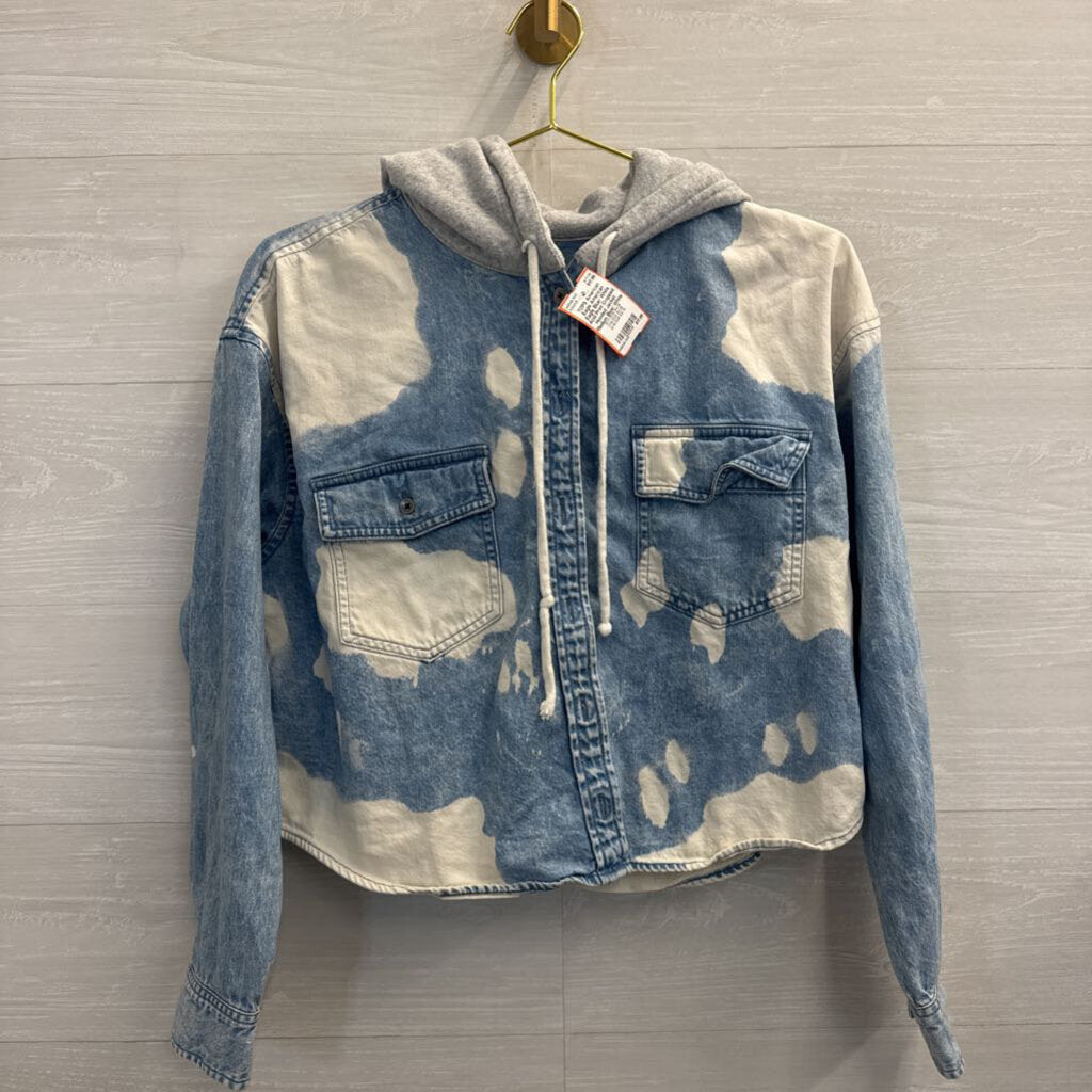 American Eagle Blue/ White Acid Print Cropped Hooded Jacket Medium
